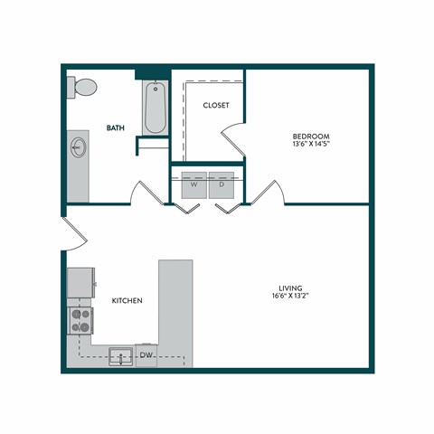 A floor plan of a small apartment with a bedroom, living room, and kitchen.